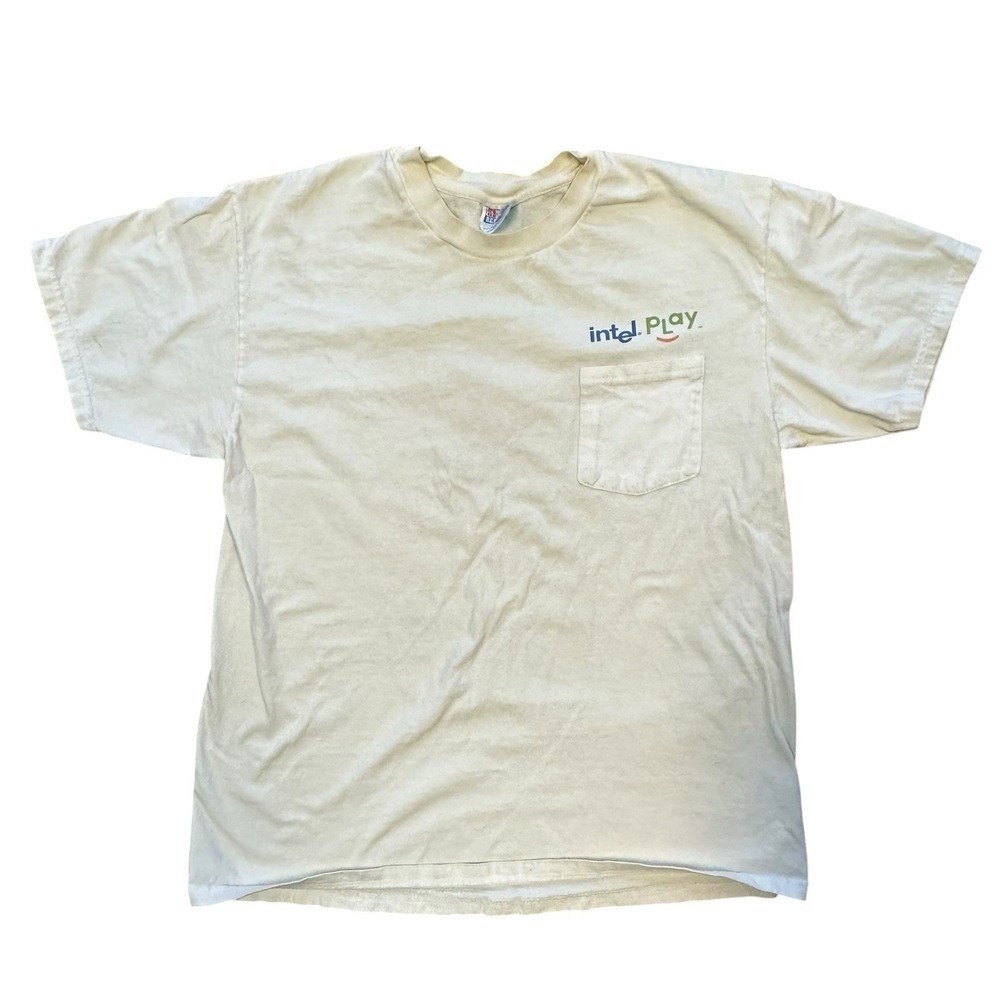 Vintage Hanes Intel Play Microscope T-shirt Mens L White 90s Tech Graphic Tee